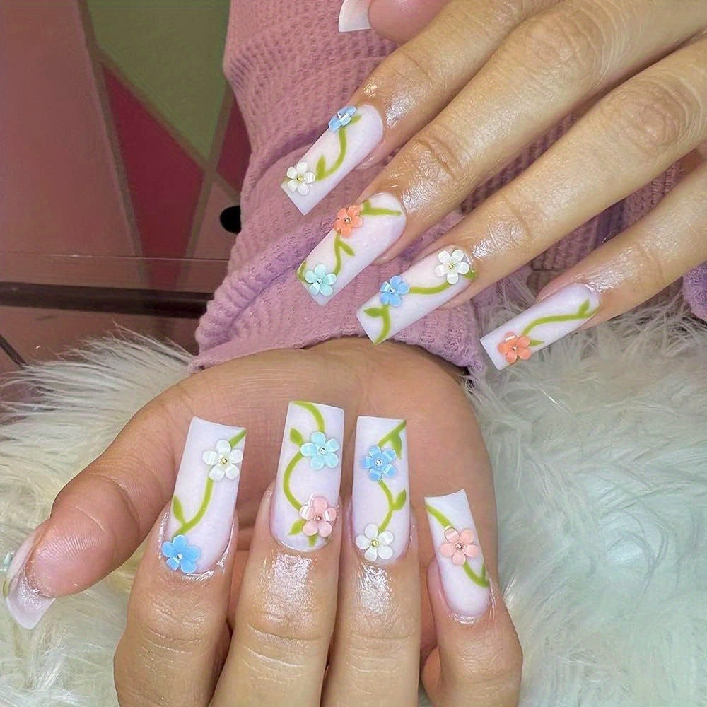 3D Flower Nail Charms, 4 Boxes 3D Acrylic Flower Nail Art Rhinestones White Pink Mixed Cherry Blossom Spring Gems Acrylic Nail Supplies with Pearls Manicure DIY Nail Decorations